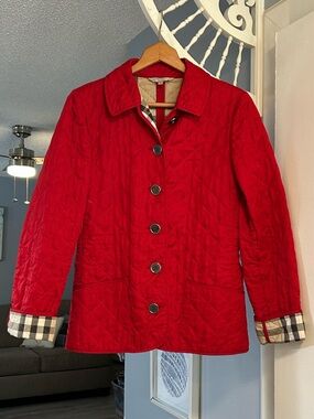 Burberry Women’s Red Quilted Button Jacket with Signature Plaid Lining Size S